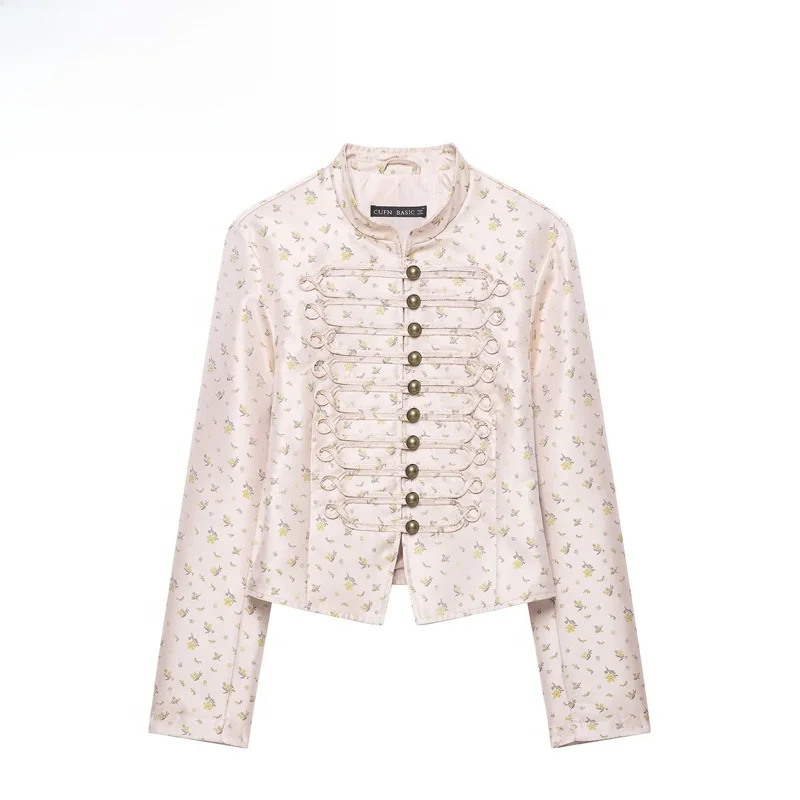 Fashionable Floral Print Slim Fit Suit Jacket Women's Short Outerwear Versatile Stylish Polyester Fiber Long Sleeve Button Cl...