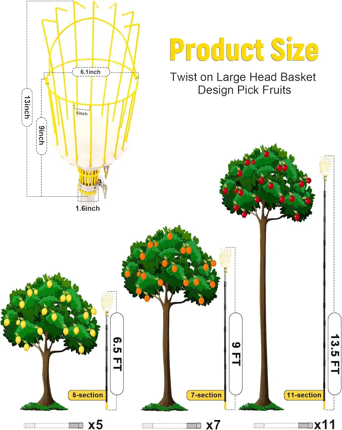 13.5FT Fruit Picker, Picker Tool with Adjustable Pole and Basket, Long Reach Mango Grabber Tool, Tree Fruit Catcher for Pi