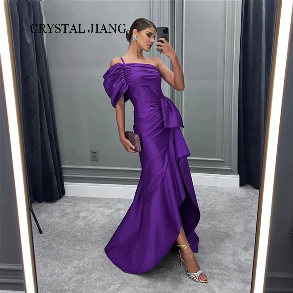 

Vintage Long Purple Satin Evening Dresses Short Sleeves A Line Floor Length Robes De Soirée for Women