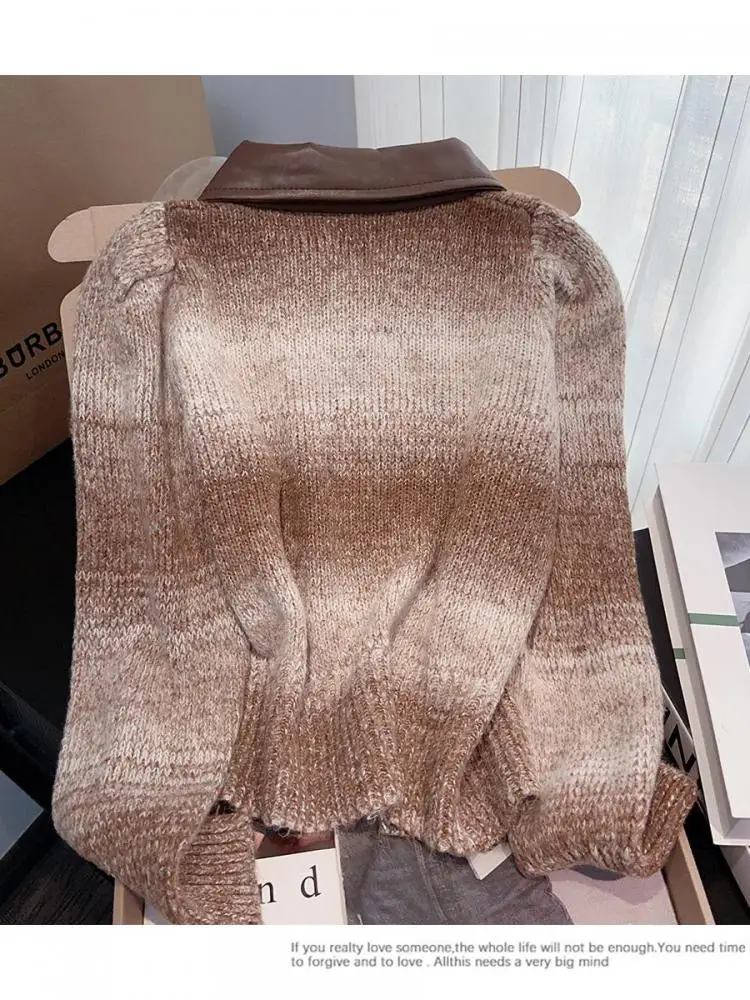 

Autumn Winter New Grey Brown Patchwork Long Sleeve Knitted Cardigan Sweater Vintage Women's Vacation Versatile Zipper Short Tops