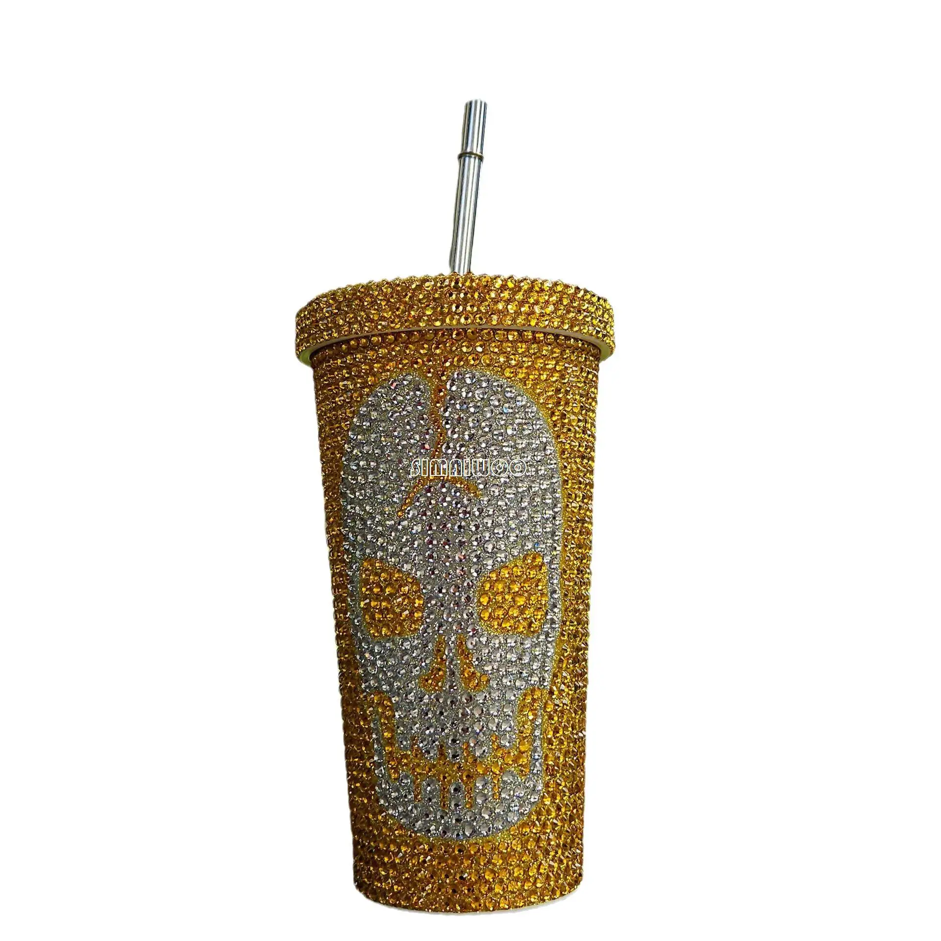 Handmade Rhinestone Straw Cup Halloween Series Vacuum Thermal Insulation Stainless Steel Diamond Cross Stitch Popular Bling Gift