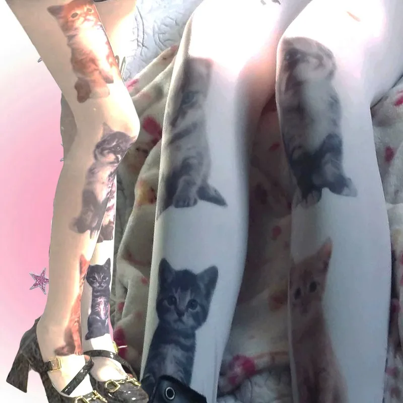 

Cosplay Cat Printed Pantyhose for Women Y2K Cat Cat Letter Long Socks Over Knee High Socks Spicy Girl Harajuku White Stockings