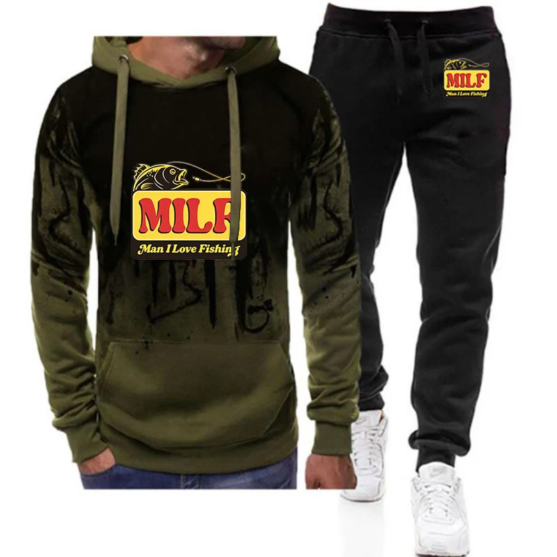 MILF Man I Love Fishing Logo Print Hoodies Pants Sets 2026 Spring And Autumn Men's Classic and Durable Gradient Color Suits