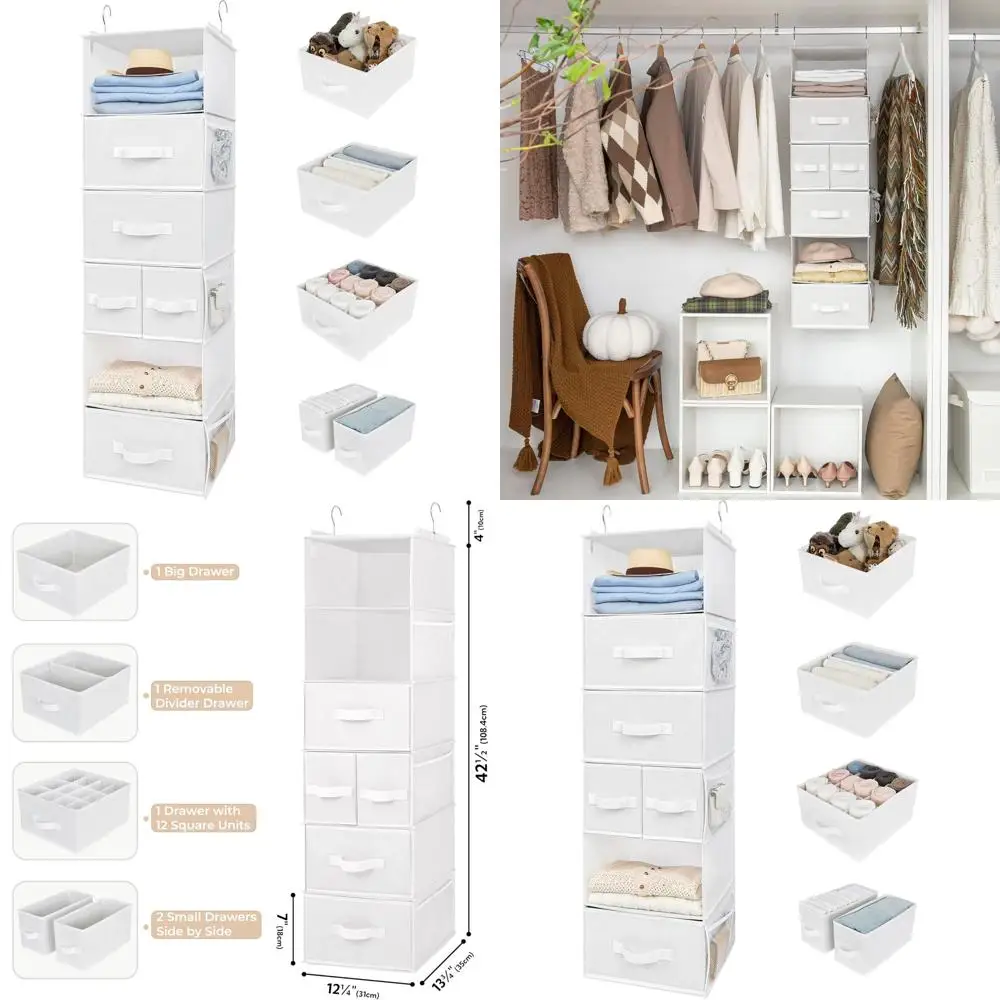 

6-уровневый подвесной органайзер для шкафа с ящиками и карманами для одежды, нижнего белья, детских принадлежностей, белый