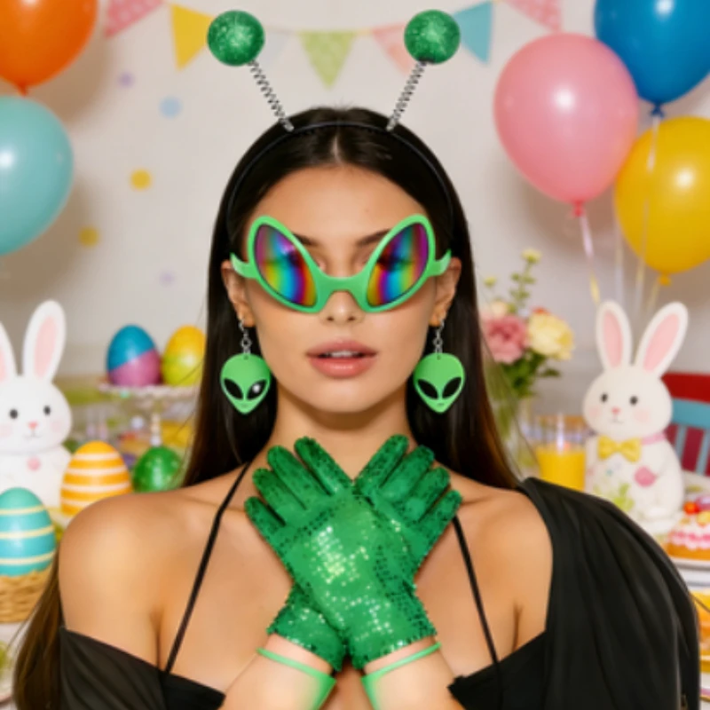 ชุดอุปกรณ์เสริมสำหรับชุดเอเลี่ยนเทศกาลอีสเตอร์: ที่คาดผมเสาอากาศสีเขียว, แว่นกันแดด, ถุงมือ, ต่างหู และสายรัดข้อมือ......– ชุดปาร์ตี้สุดสนุก