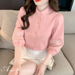 2024 Women's Summer Bubble Lantern Sleeve Panel Round Neck Button Lace Fashion Solid Color Slim Fit Versatile 7/4 Casual Shirt