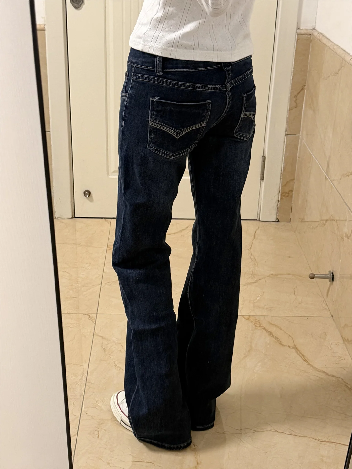

Retro American Y2K Deep Blue Flared Jeans Women's Slimming Extended Length Casual Pants Low Waist Cotton Soft Spring Wear