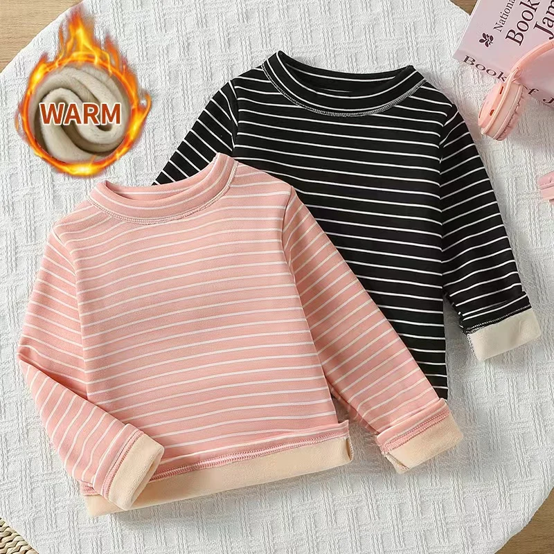 

2-piece Set Of Children's Autumn/Winter Thick Warm Striped Multicolor Base Shirt For Boys And Girls With Plush Long Sleeved Top