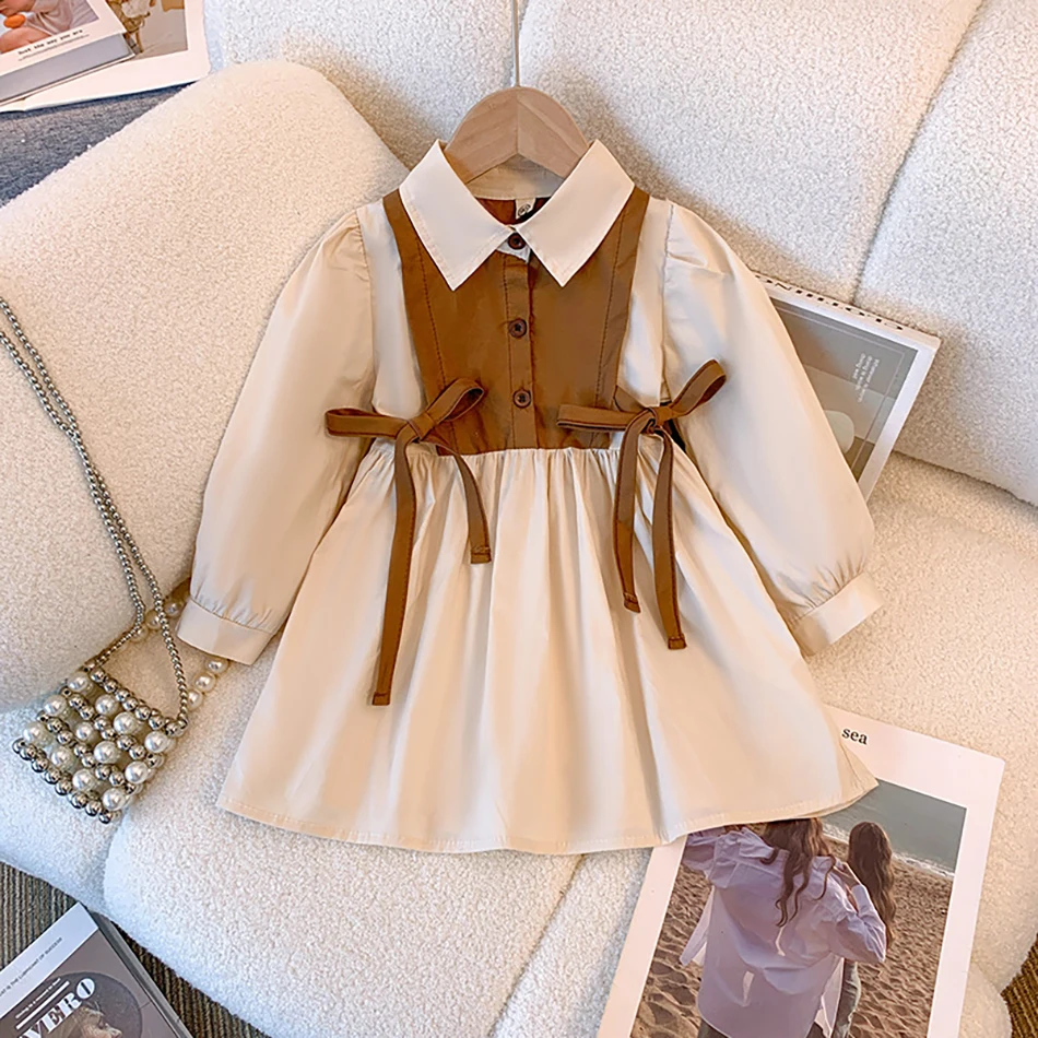 Children Autumn New Fashion Long Sleeve Bowknot Shirt Casual Dress with Collar Detail Comfortable Choice for Kids Trendy Outfit