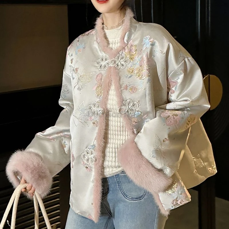 

2025 new chinese style jacquard satin embroideried winter coat thicken warm Mink fur coat retro advanced sense patchwork jacket
