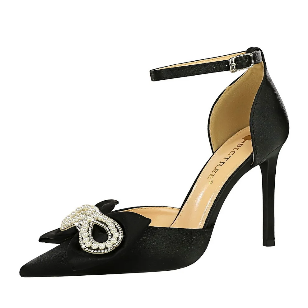 

Women's Wedding Shoes Middle Bottom High Heels Pointed Hollow Satin Pearl Bow Strap Women Classic Pumps Shoe Heel туфли женские