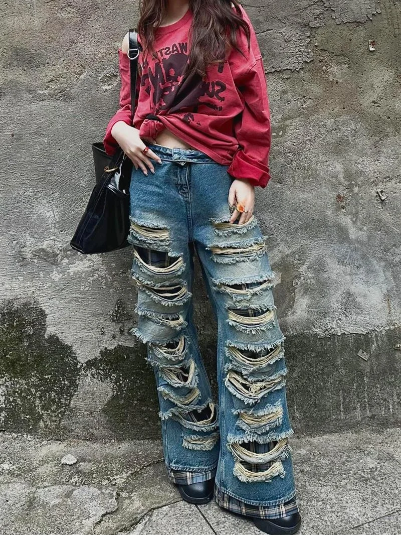 

Американские джинсы в стиле High Street Design, двухслойные, женские, летние, в стиле панк, для модниц, длинные, с высокой талией, прямые.