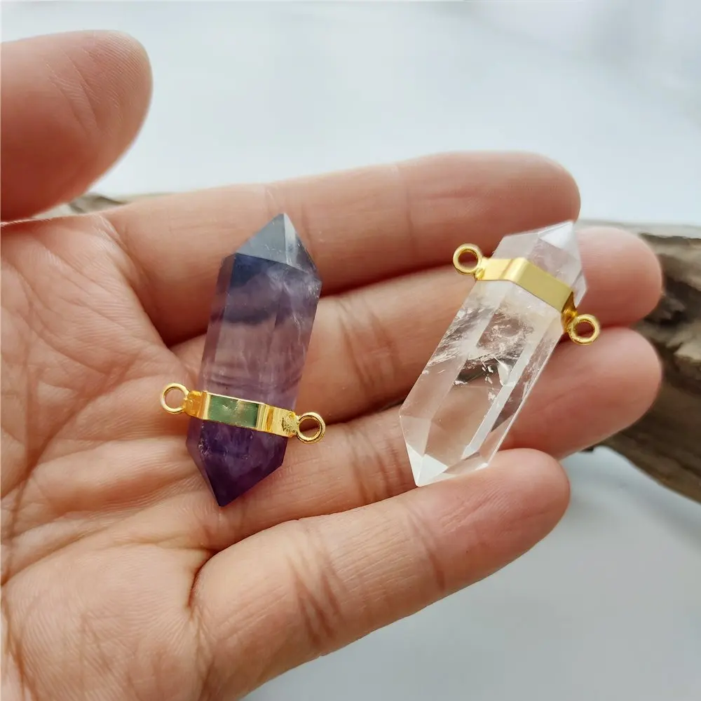 FUWO 1Pcs Natural Crystal Quartz Double Point Pendant, Handmade Hexagonal Prisms Accessories For Necklace Making PD451