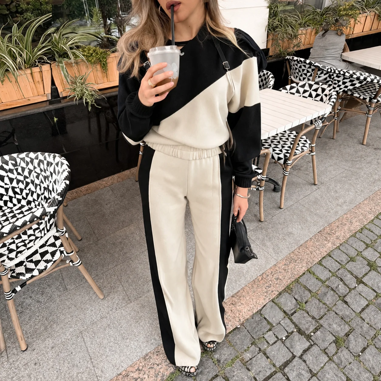 zekye Autumn&Winter Sweater Pants New Spice Girl Design Slanted Shoulder Contrasting Trousers Two-piece Personalized Sweater