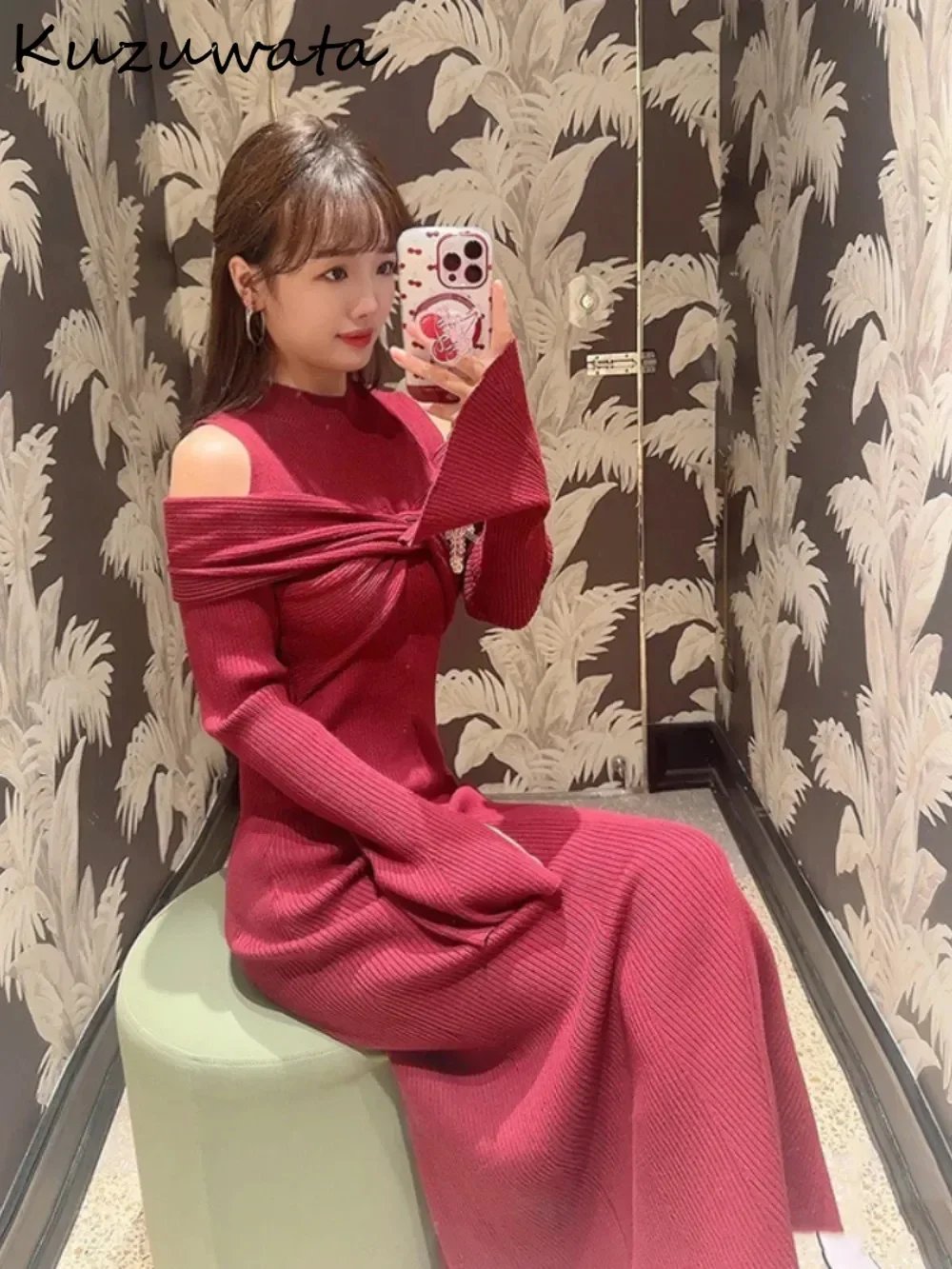 Kuzuwata Commuter Cross Half-high Collar Flare Sleeve Knit Dress Off Shoulder Slim Mermaid Bodycon Robe Japan High Waist Vestido