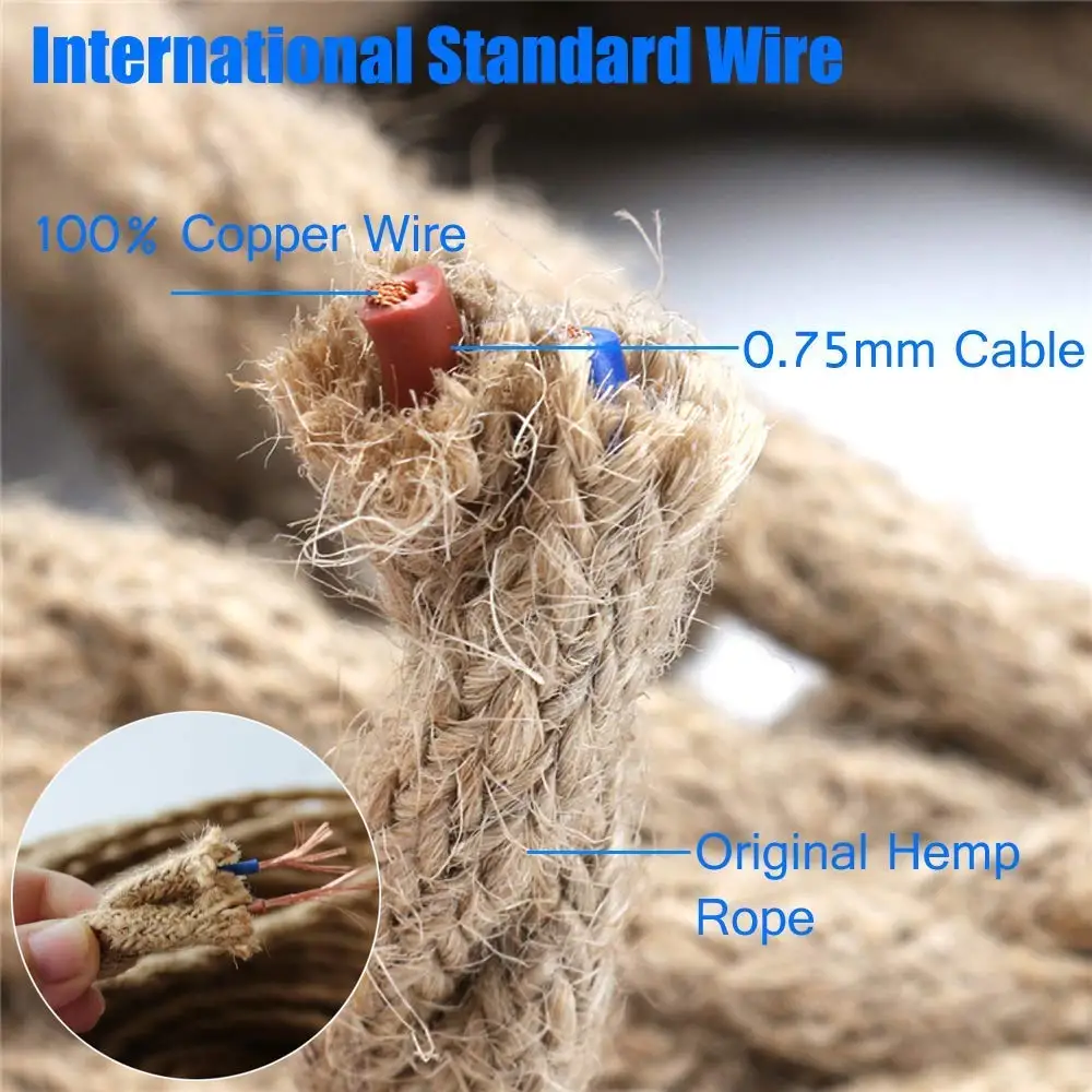 Cable de alimentación de cuerda de cáñamo trenzada, enchufe de la UE, Bombilla Edison E26, E27, 2 metros, Cable de luz colgante para la industria