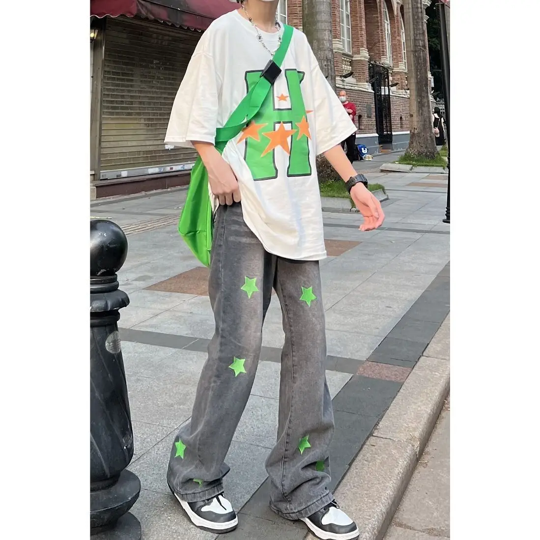 

American Style High Street Retro Washed Green Star Embroidered Letter Jeans Men'S Loose Fitting Straight Leg Pants