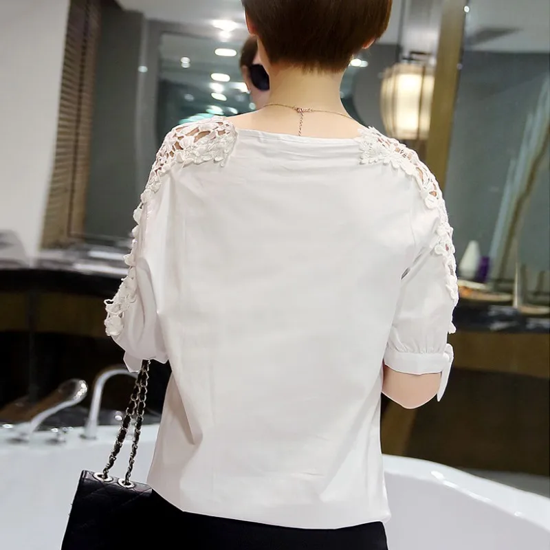 Summer Women Solid Hollow Out Blouse Top Fashion Casual Cotton Half Sleeve V-neck Shirts Big Size