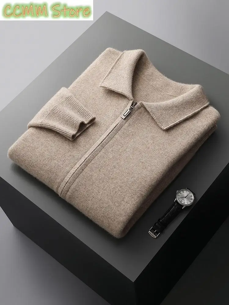 High-end Men's Cardigan 100% Merino Wool Knitted Zipper Jacket Autumn and Winter Thickened Long Sleeve Men's Sweater Lapel Shirt