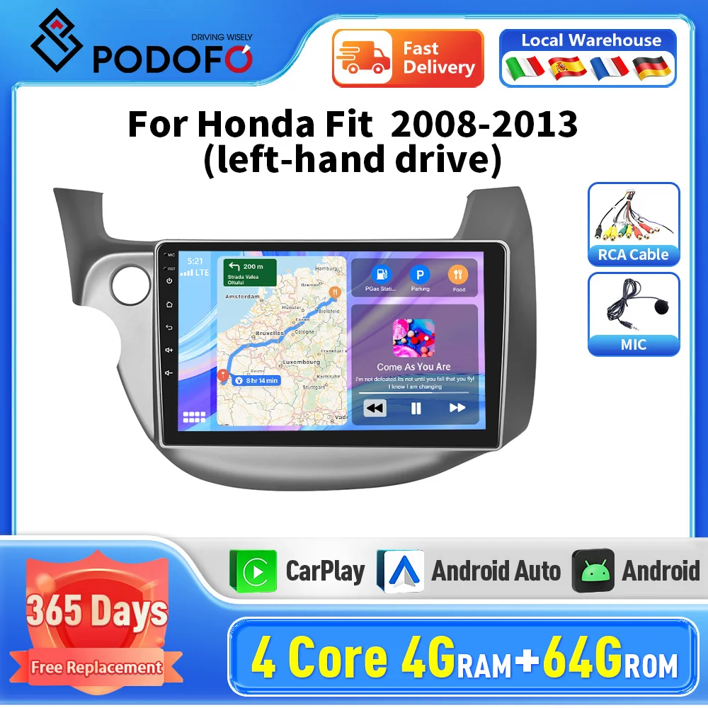 Podofo Car Radio Android Carplay Multimedia Player Stereo Car GPS Radio Navigation For Honda Fit(Left) 2008-2013 Head Unit