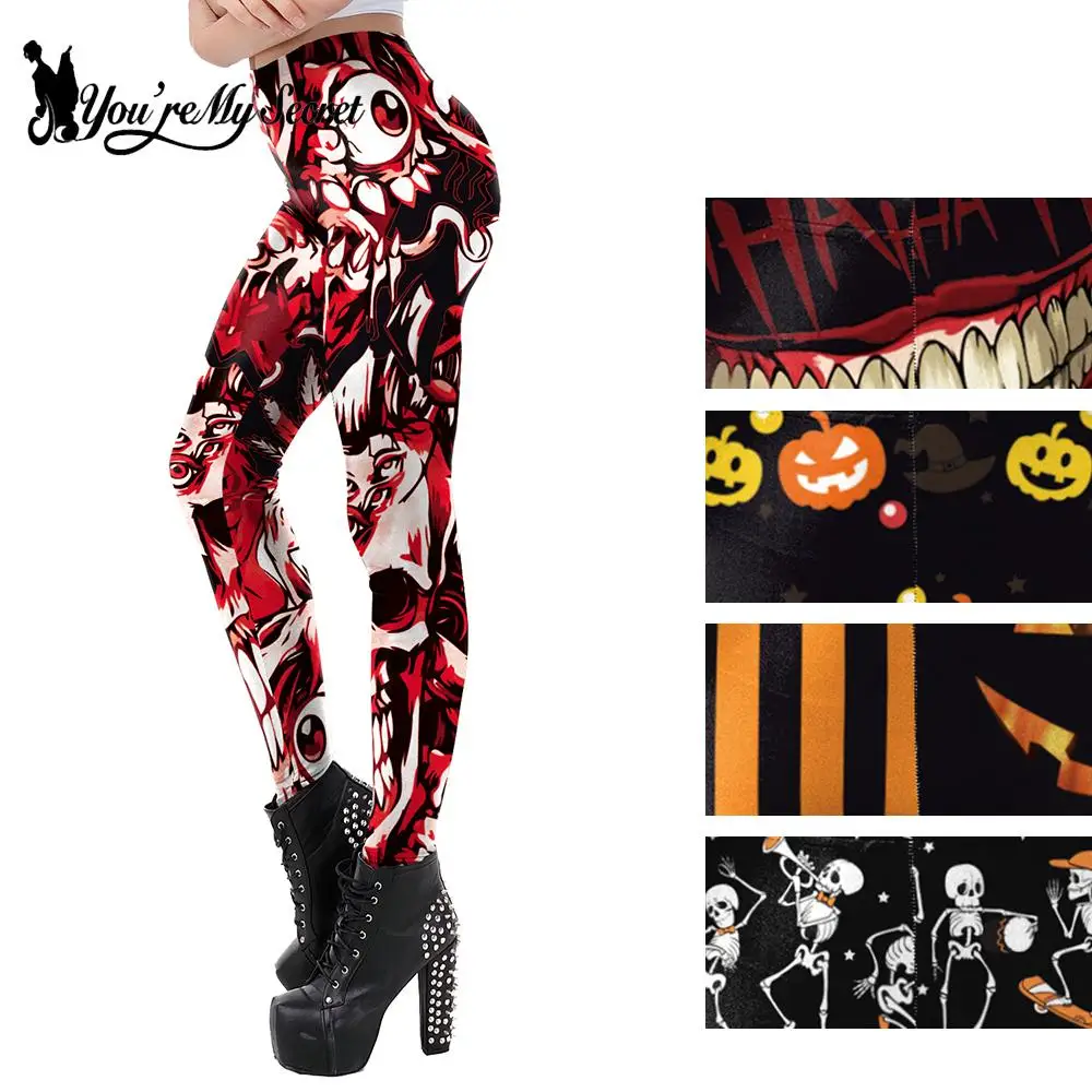 

[You're My Secret] Halloween Party Skull Printed High Waist Sexy Pants For Women Spandex Legging Skinny Slim Fitness Pants