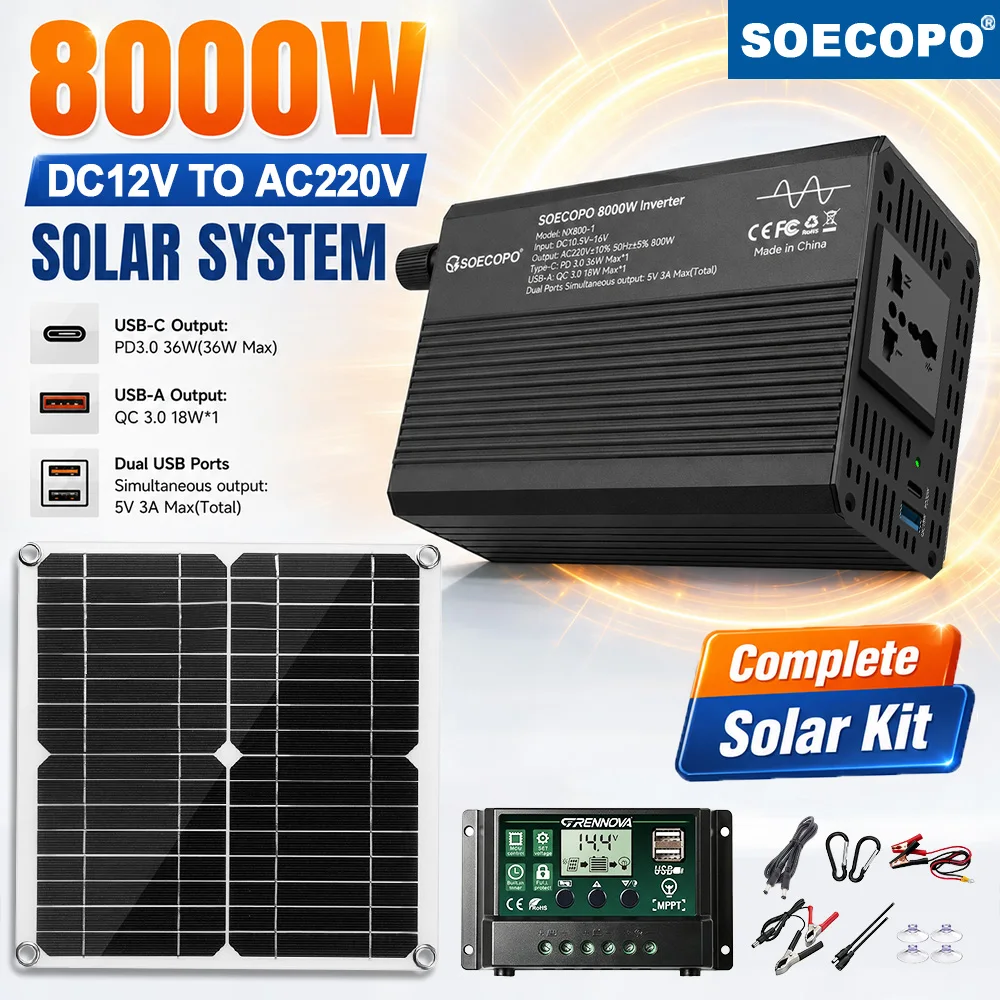 SOECOPO 8000W Version 800W Rated Solar System Kit Inverter USB-C PD 36W USB-A QC 18W 300W Panel 60A MPPT 12V 220V Off Grid RV