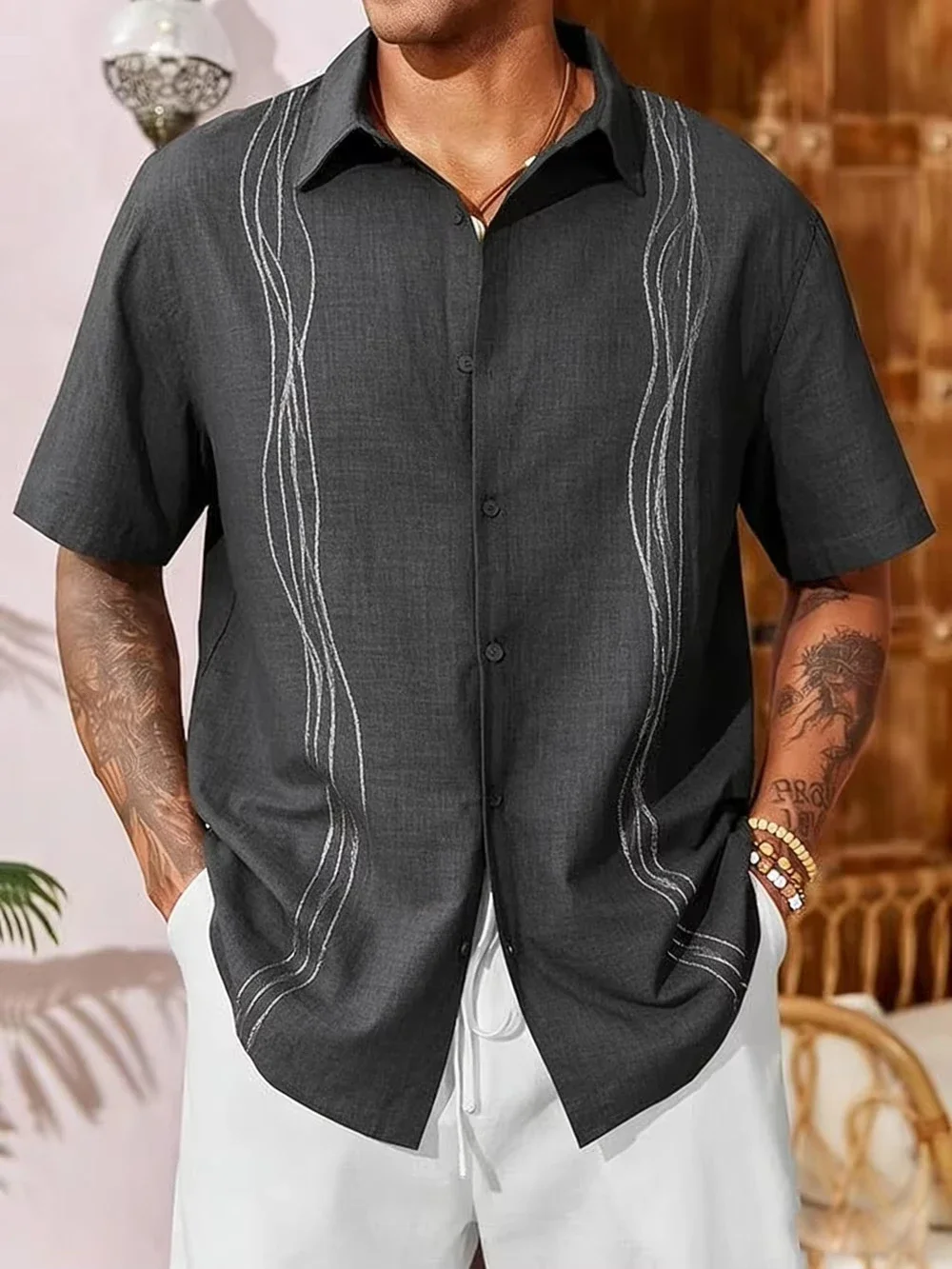 Men's Shirt Color Block Geometric Splicing Print Turn‑down Collar Short Sleeve Vacation Party Casual Button Down Men Clothes