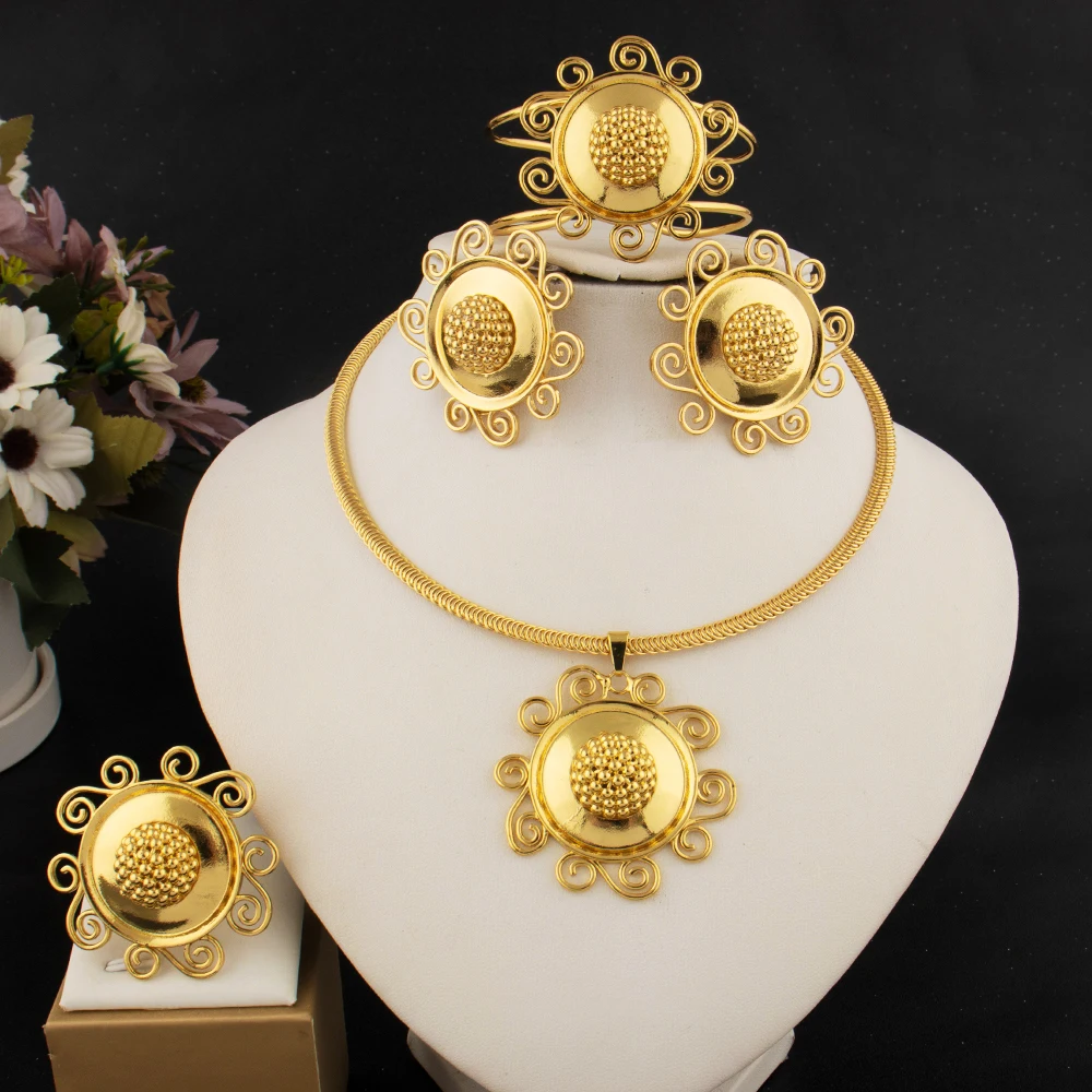 

Vintage Gold Plated Jewelry Sets For Female America Fashion Earrings Ring Sun Shape Necklace Bangle Set For Wedding Party Gifts