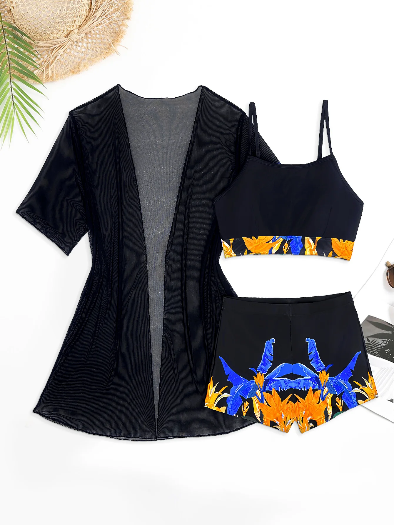 Cikini Summer Beach Ensemble bikini imprimé tropical avec kimono 3 pièces Maillot de bain pour femme
