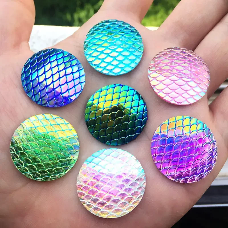 12 sztuk 25mm okrągły rybia łuska syrenka z żywicy cabochon kryształ górski płaski z tyłu button-B46