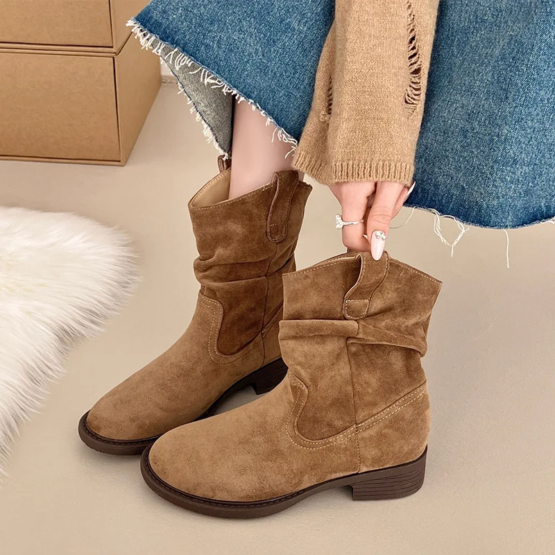

TOPHQWS Vintage Woman Ankle Boots 2025 New Autumn Winter Low Heels Cowboy Boots Round Toe High Quality Leather Keep Warm Shoes