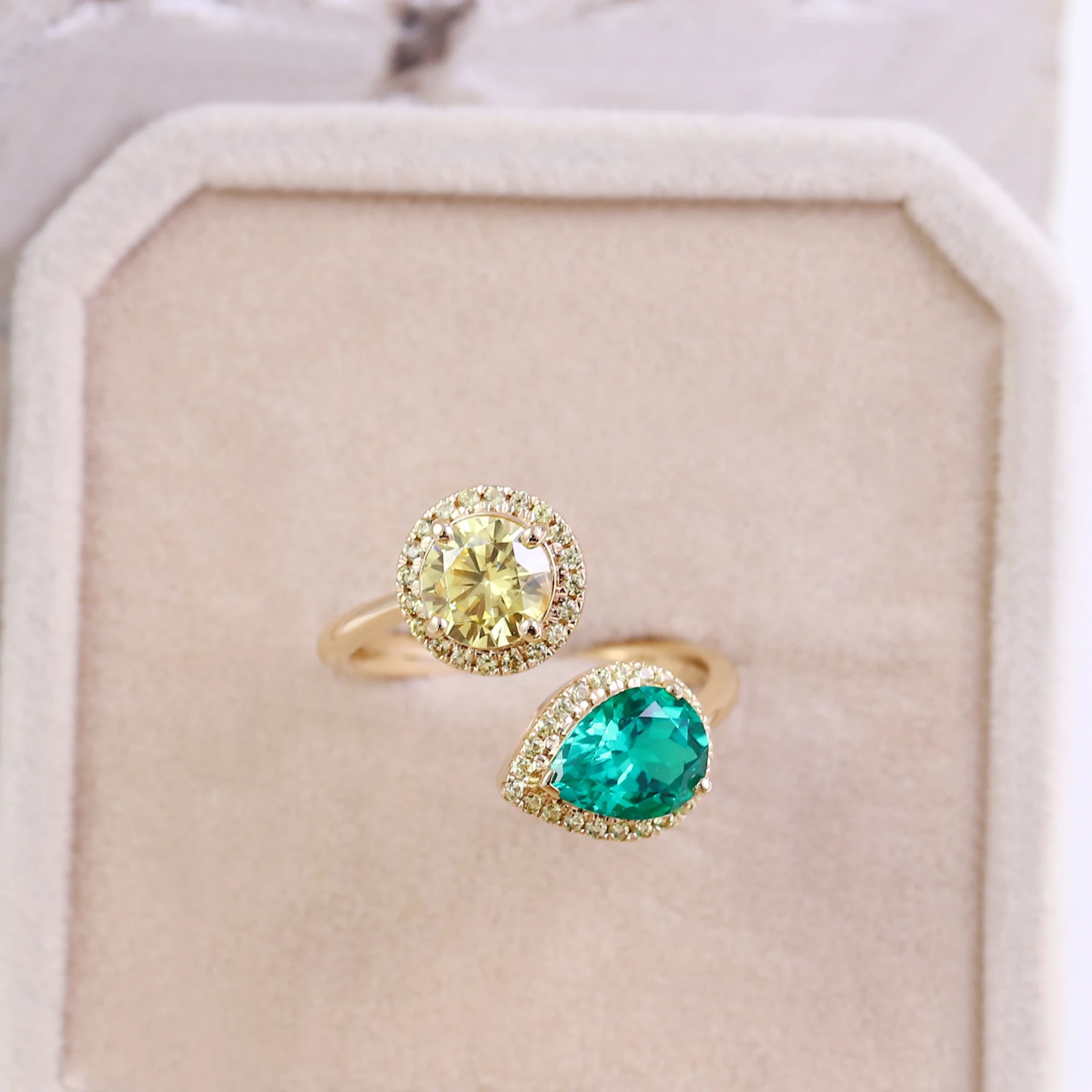 خواتم بروفانس toi et moi بلونين من الأحجار الكريمة للمختبر 10K خاتم هالة ذهبي صلب مفتوح الأطراف خاتم زفاف فاخر للنساء مخصص #5