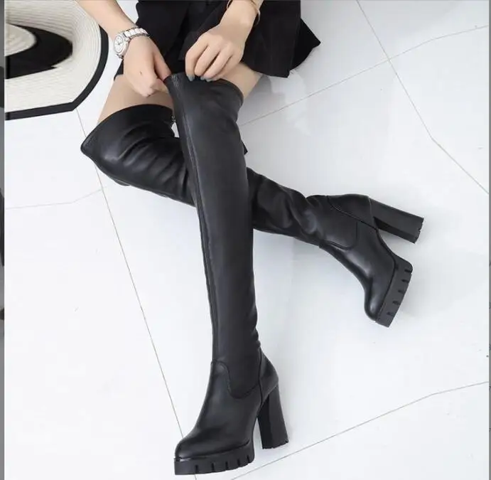 New Fashion Long Leather Boots Women's Over-the-knee Skinny Boots Autumn Winter Long-tube High-heeled Stretch Boots Large size