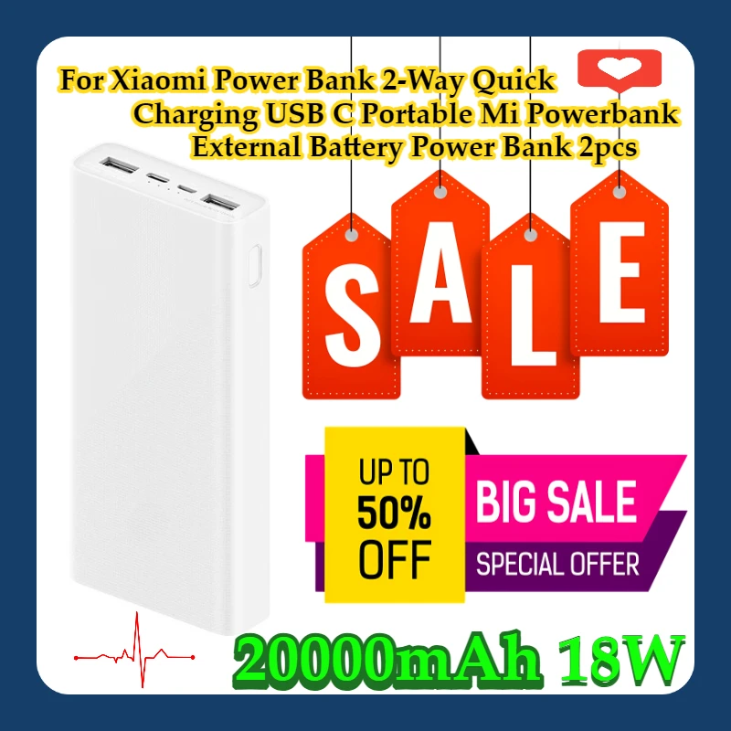 

For Xiaomi Power Bank 20000mAh 18W 2-Way Quick Charging USB C Portable Mi Powerbank 20000 External Battery Power Bank 2pcs
