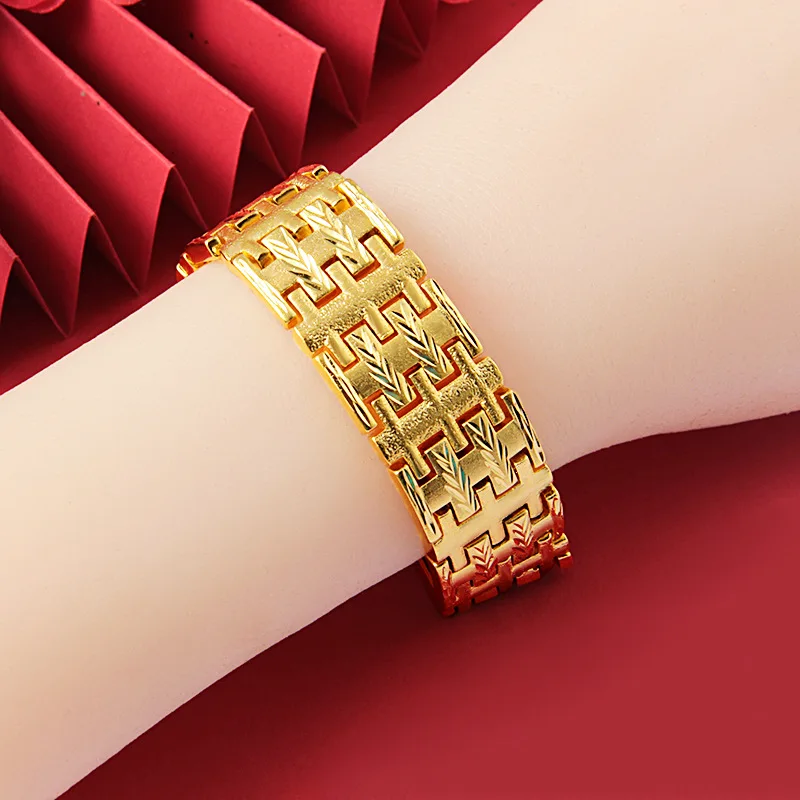 

Unisex 24K Gold AU999 Premium Thick Stylish S-Clasp Wide Bracelet | Contrast-finish with archaic patterns, symbolic for weddings