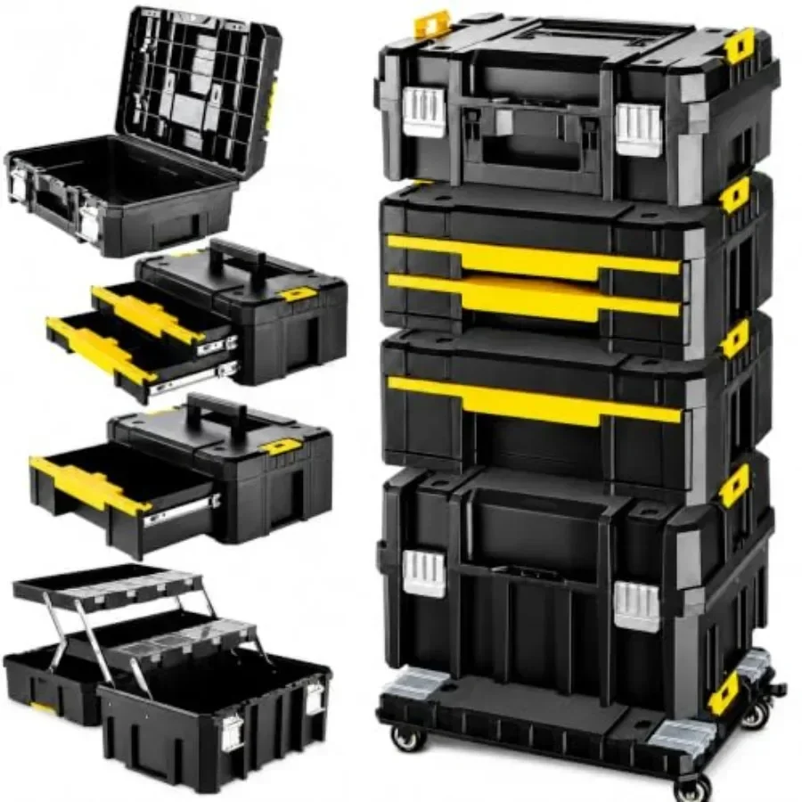 4-Tier Stackable Rolling Tool Box with Cantilever Tray for Workshop Use, Steel Construction, Black Finish, Heavy-duty Casters A