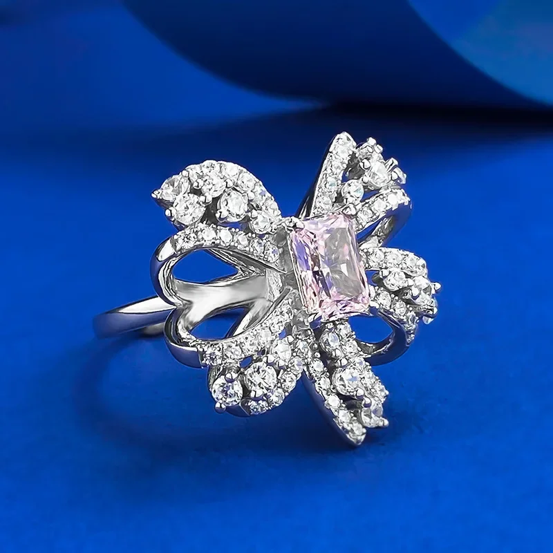 New Bow Simulation High Carbon Diamond S925 Pure Silver Luxury Surrounding Vintage Pink Diamond Ring Wedding Jewelry