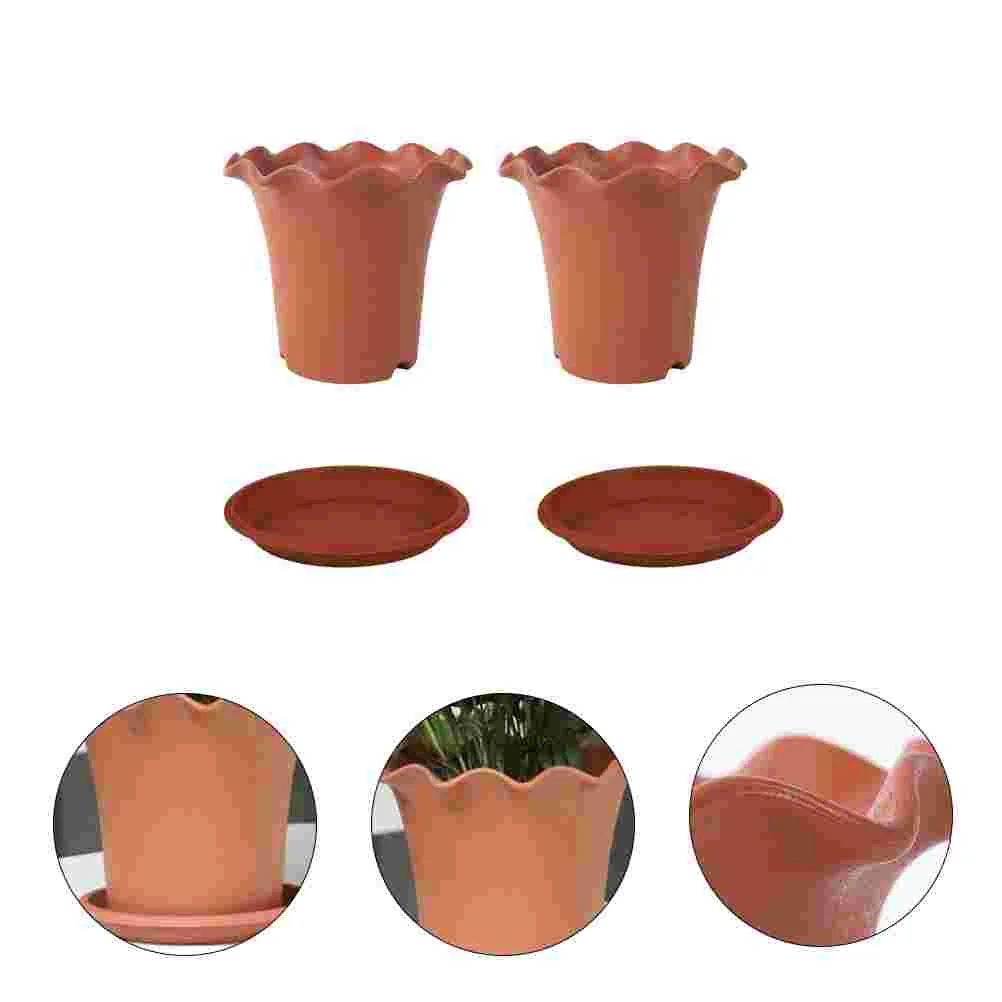 High Ruffled Pot Resin Plastic Flowerpot Plant with Tray Succulent Plants Pots Hole Gardening