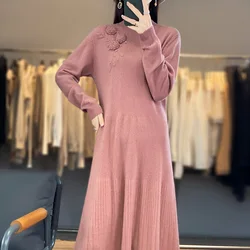 Mid-Length 100% Pure Wool Dress Women's Semi-High Neck Autumn And Winter New Embroidered Loose Knit Bottoming Dress