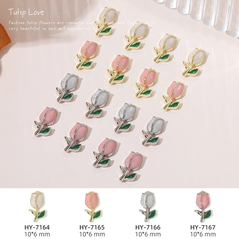 10Pcs/Lot Net Red Nail Enhancement Tulip Jewelry Metal Texture Light Luxury Wind Alloy Oil dripping Rose Nail Diamond Flower