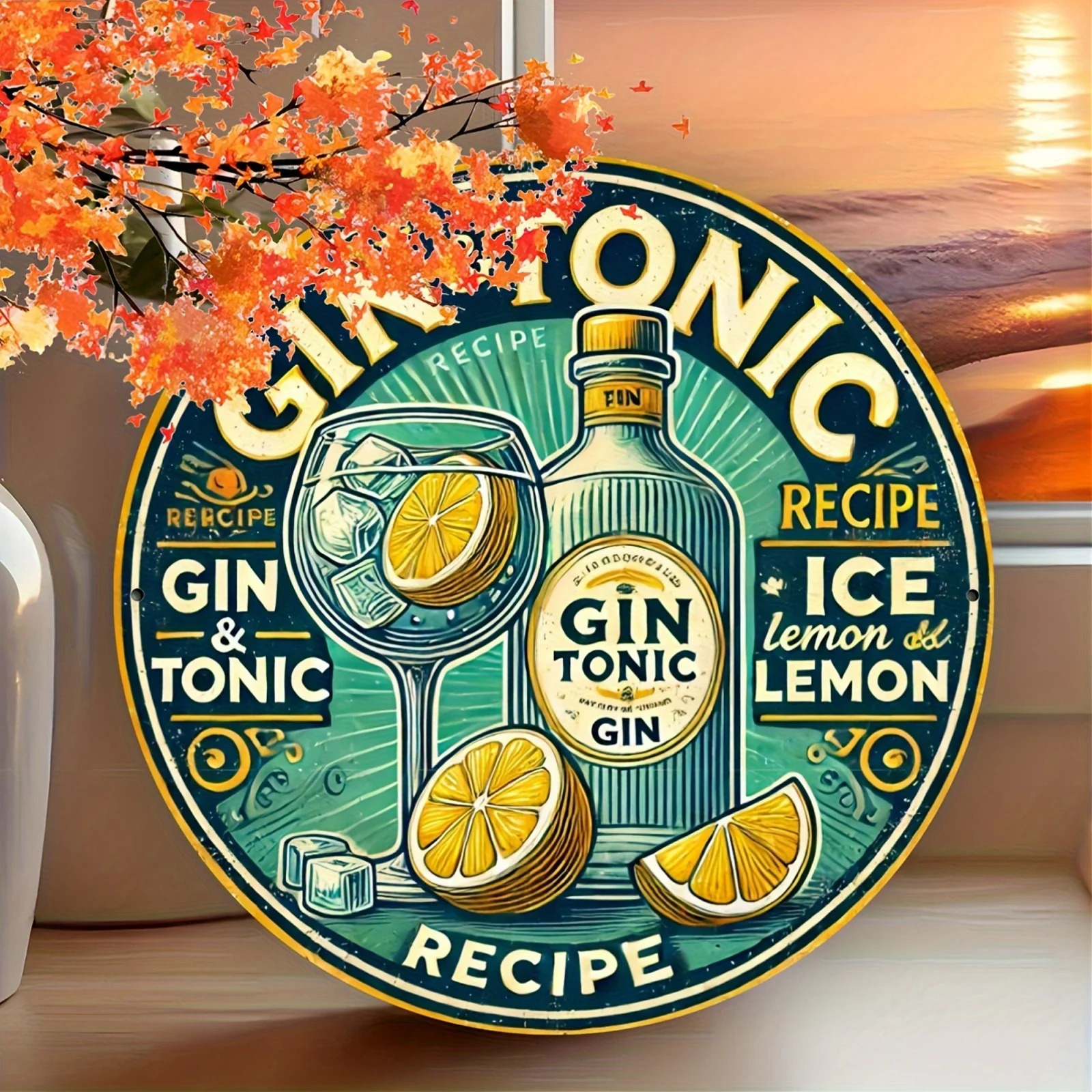 Decoración de Pared de Madera con Diseño 2D - Receta Clásica de Gin Tonic - Apta para Decoración Interior/Exterior