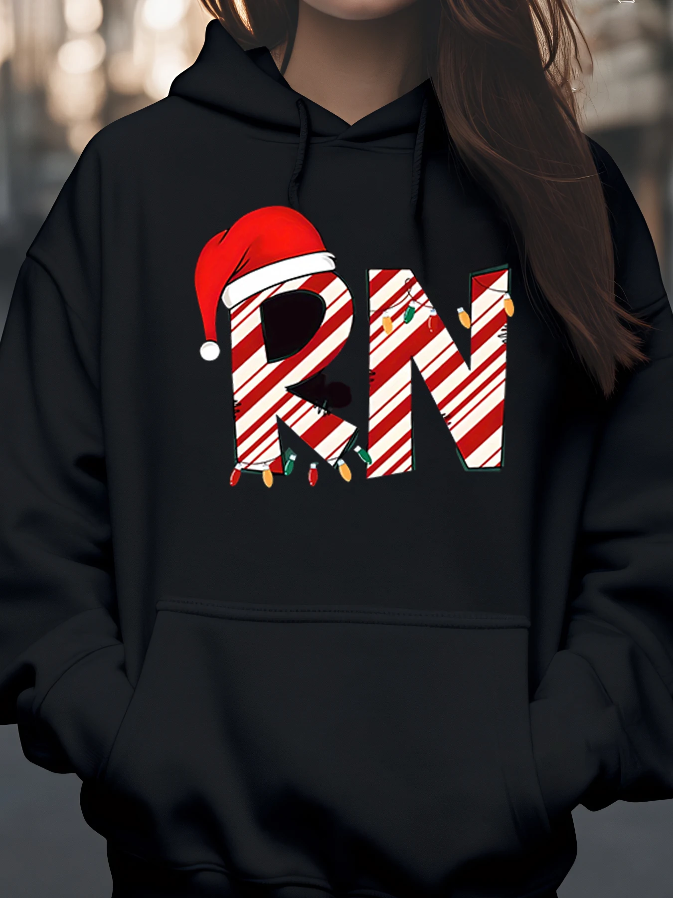 Sudadera con capucha con estampado de bastón de caramelo Rn de Navidad, regalo navideño para enfermeras