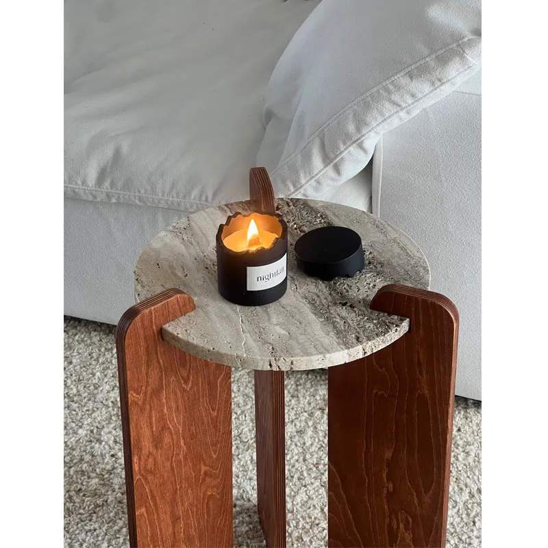 

Internet celebrity light luxury simple high sense travertine edge corner few round living room sofa mini marble solid wood coffe