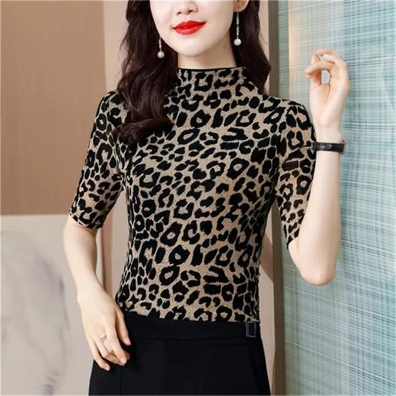 Mid-sleeved leopard print spring and autumn tops new style half-high Joker leopard Latin shirt Women's leopard print T-shirt