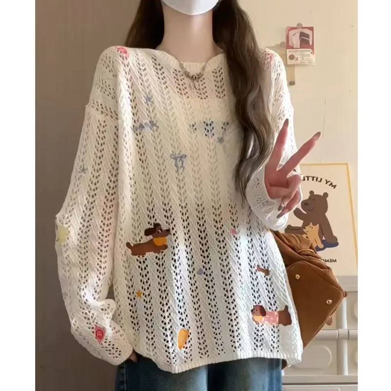 

Fall Embroidery Women O Neck Long Sleeve T Shirts Hollow Out Knitted Sun Protection Tops Fashion All-match Loose Clothing Black