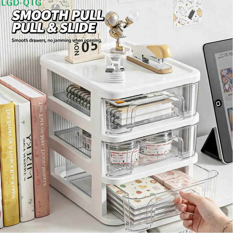 Hot 3-5 Layers Clear Stacking Drawer Organizer Multi-Tier PP Storage Box for Office/Beauty Products, Modular Desktop System