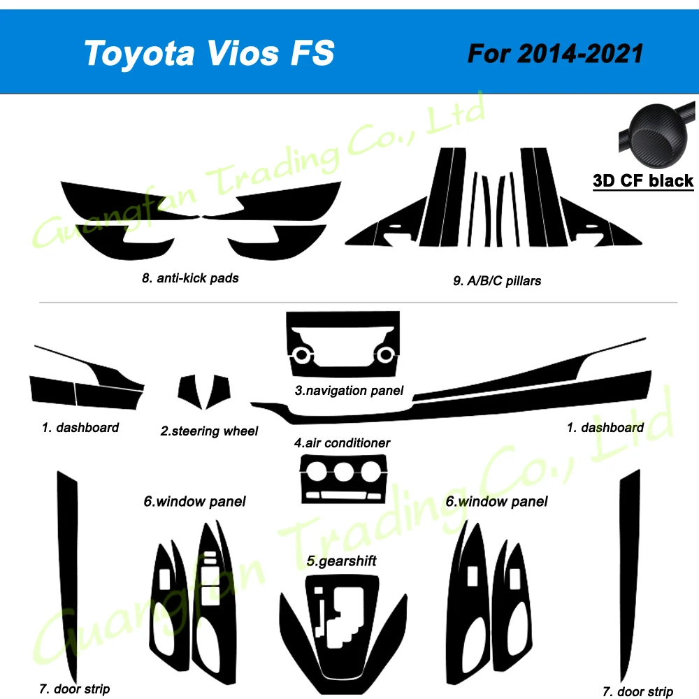 

3D/5D Carbon Fiber Car Interior Center Console Cover Color Change Molding Sticker Decals For Toyota Vios FS 2014-2021