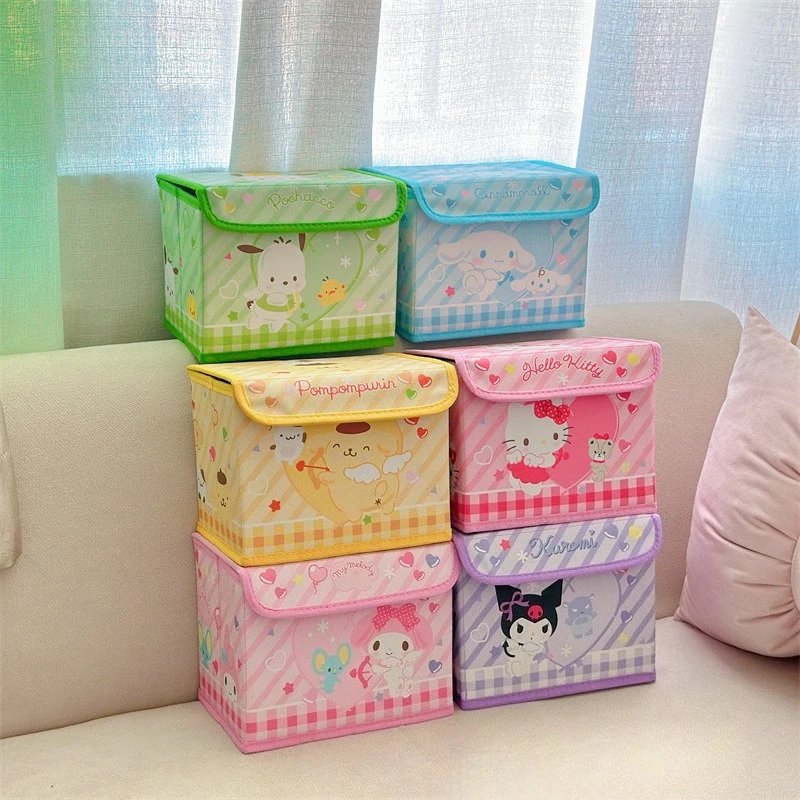 Hello Kitty Kawaii Kuromi Cinnamoroll Desktop Organizer Cosmetics Stationery Flattenable Dust-proof Flip Desk Storage Box