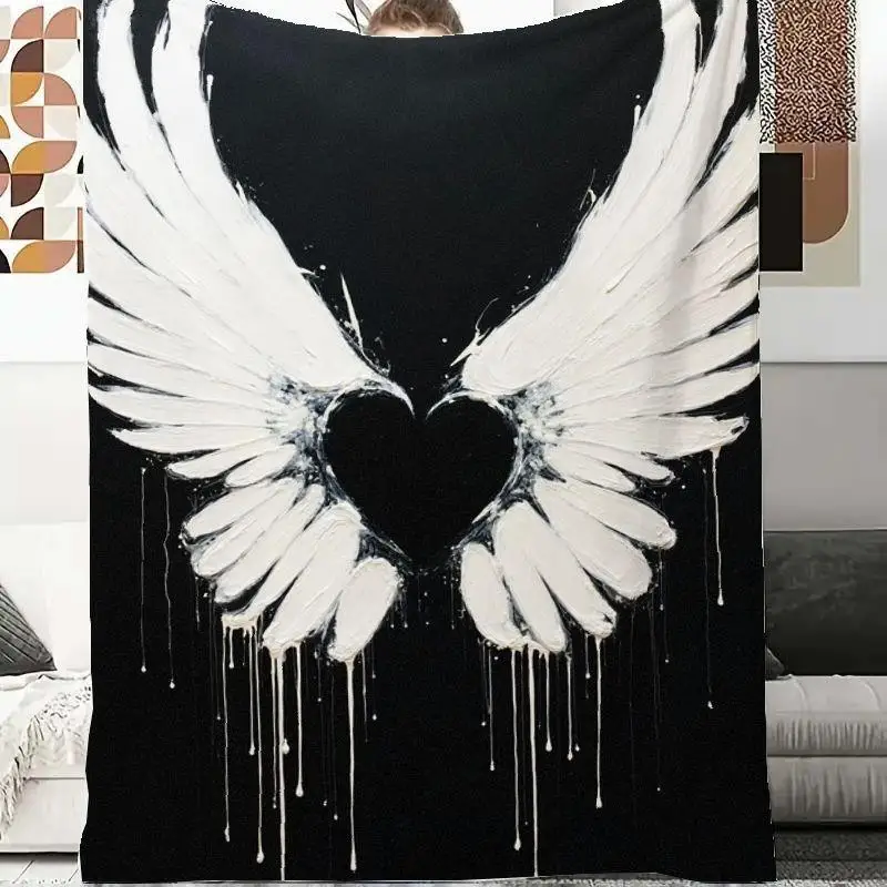 Angel Wings Fleece Blanket - Plush White & Black Winged Throw with Heart-Shaped Wings & Drip-Effect Heart Print, Lightweight All