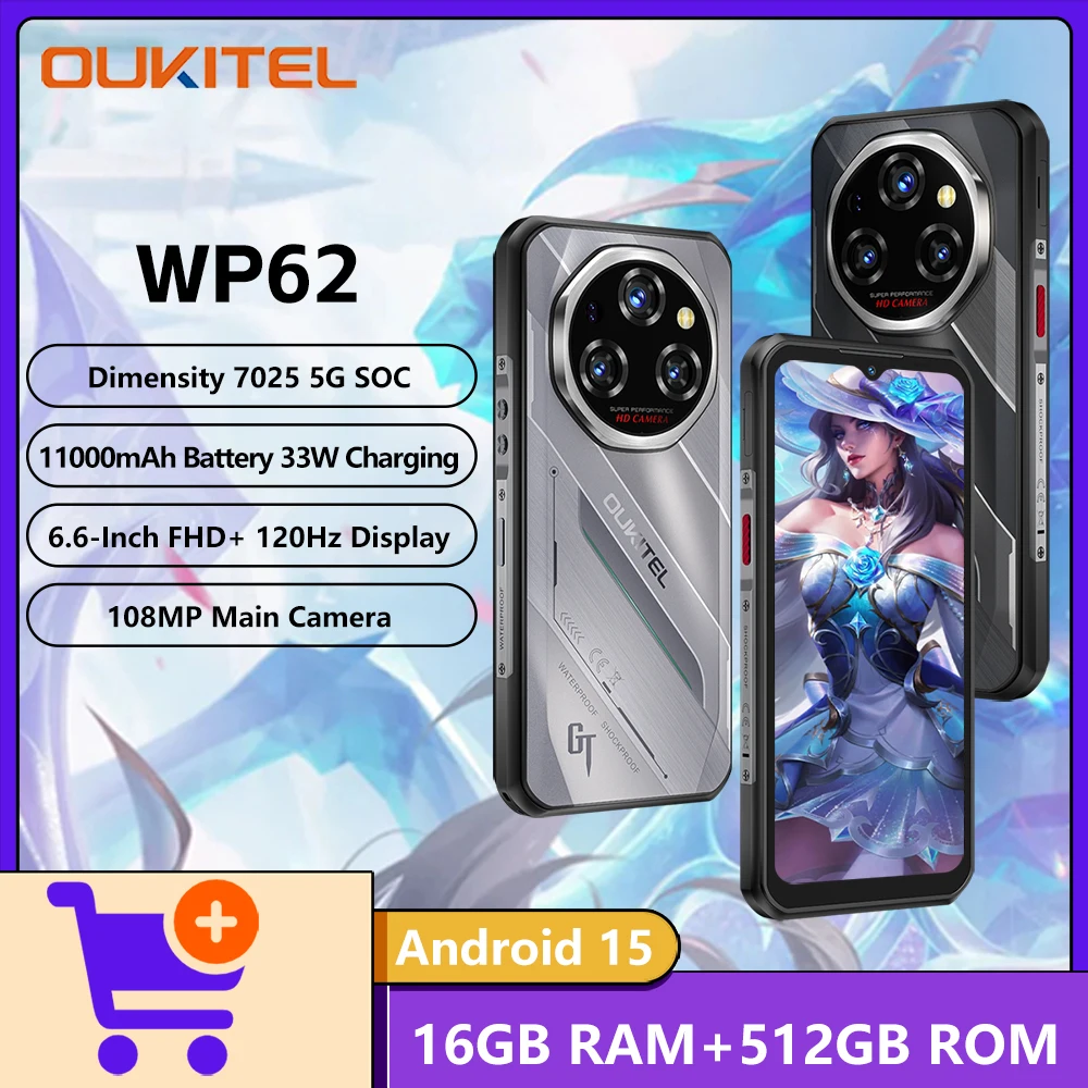 OUKITEL WP62 5G Прочный телефон Размер 7025 5G 6,6 дюйма 120 Гц Дисплей 16 ГБ ОЗУ + 512 ГБ 11000 мАч 33 Вт Зарядка 108 МП Камера Android 15